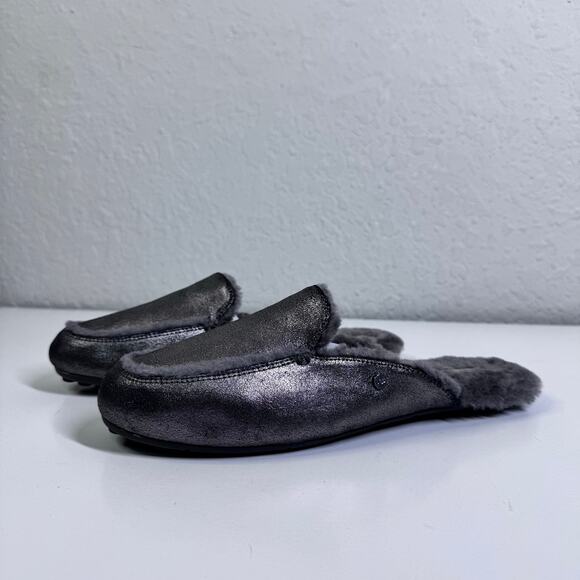 UGG Slippers 11 Lane Metallic Gunmetal Suede Fur Lined Sheepskin Loafer Mule - Picture 8 of 13